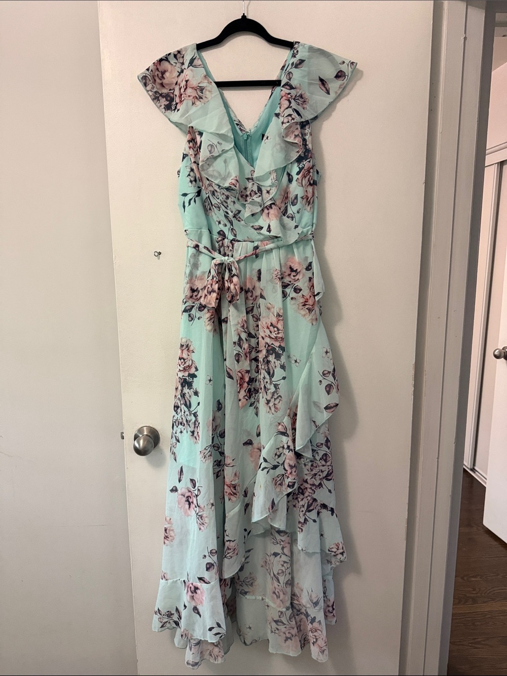 SHEIN Mint Floral Ruffle Wrap Maxi Dress